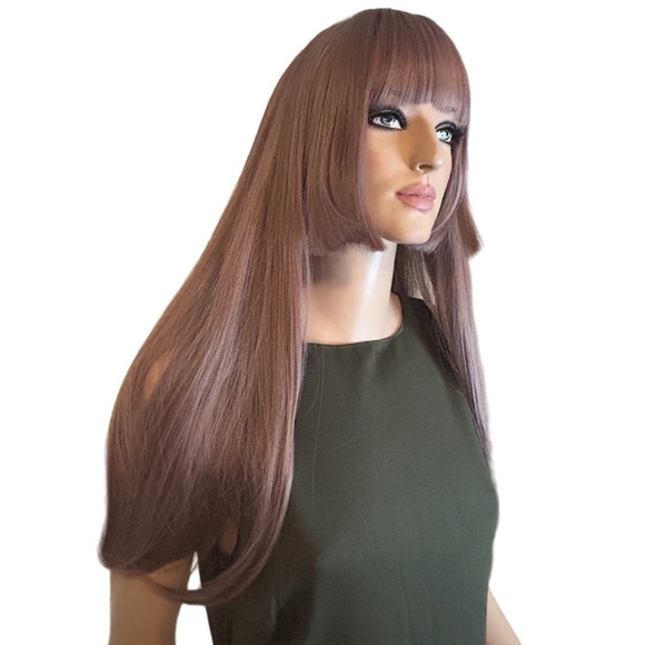 Long 22" Synthetic Wig Princess Cut w/ Bangs Dusty Pink Natural Everyday NIP - Picture 3 of 11